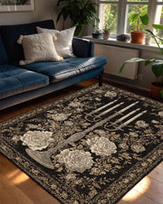 Gothic Floral Area Rug Black Gold Candelabra Vintage Rose Carpet, Dark Elegant Living Room Decor, Baroque Antique Style Floor Mat Rug