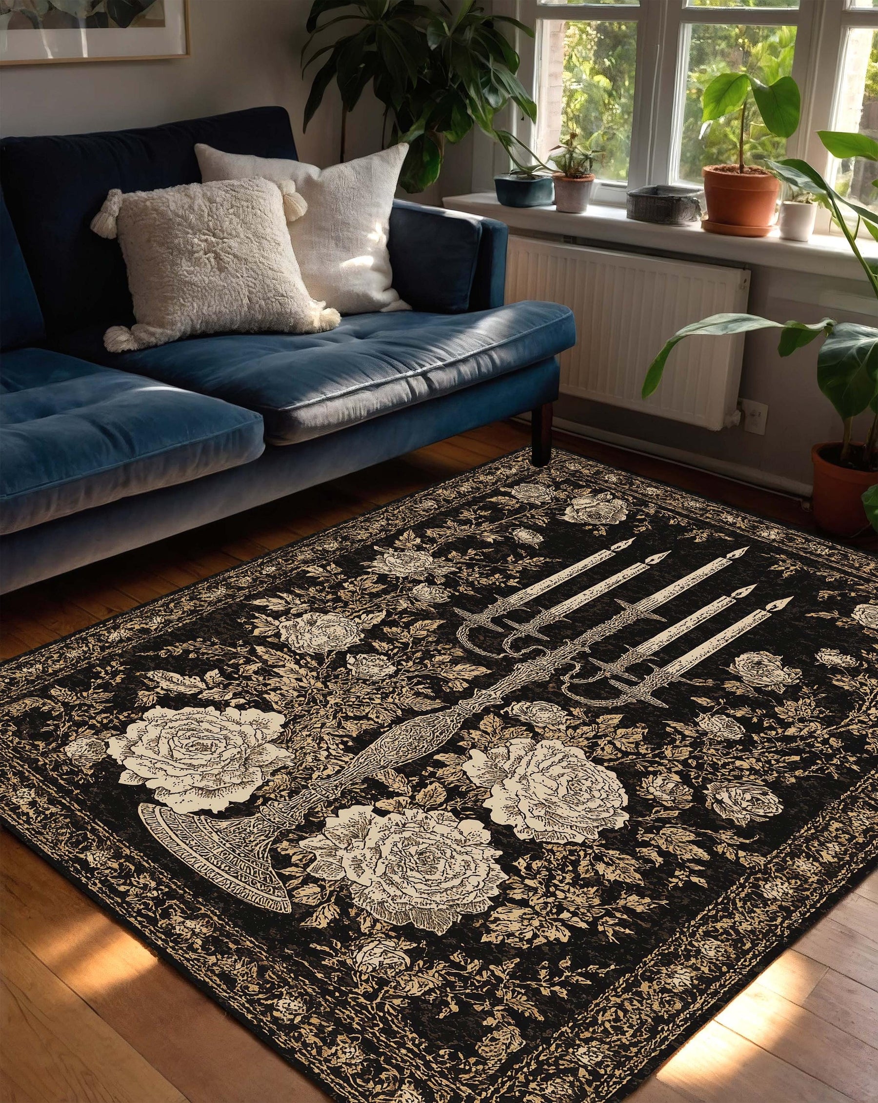 Gothic Floral Area Rug Black Gold Candelabra Vintage Rose Carpet, Dark Elegant Living Room Decor, Baroque Antique Style Floor Mat Rug