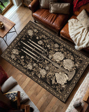 Gothic Floral Area Rug Black Gold Candelabra Vintage Rose Carpet, Dark Elegant Living Room Decor, Baroque Antique Style Floor Mat Rug