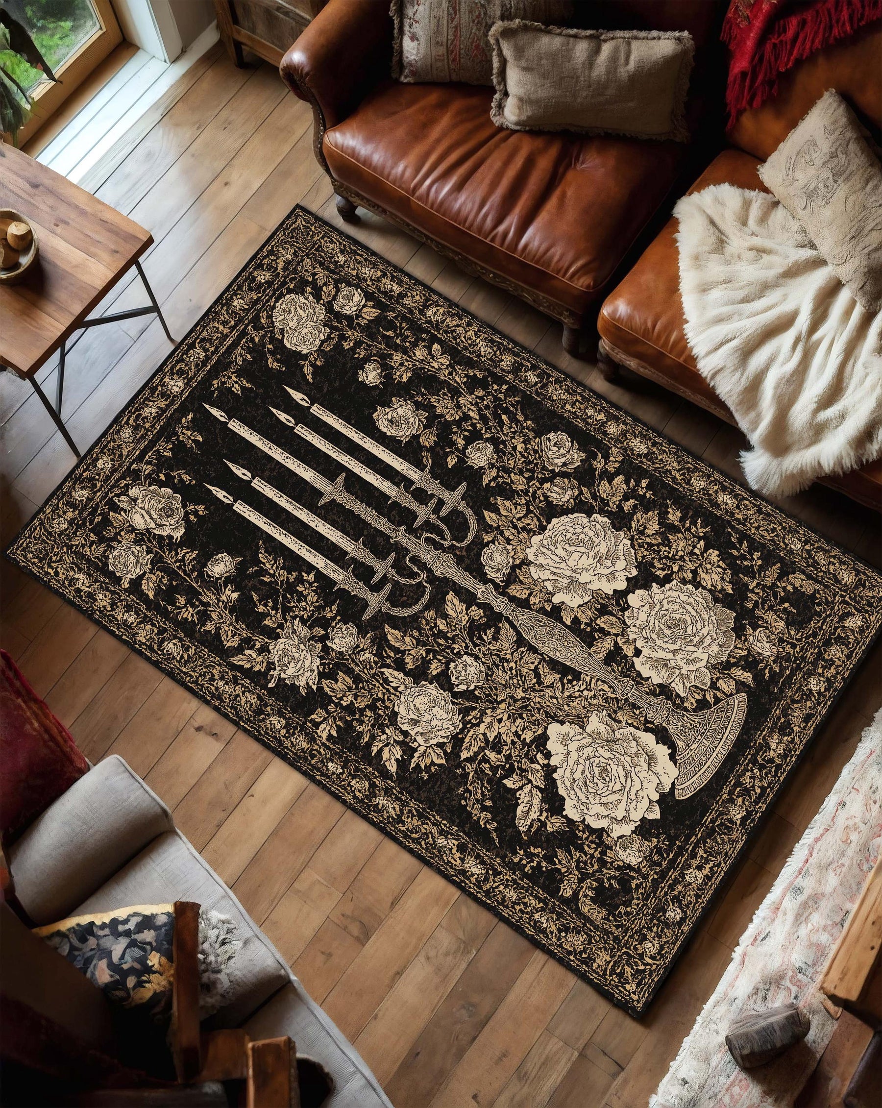 Gothic Floral Area Rug Black Gold Candelabra Vintage Rose Carpet, Dark Elegant Living Room Decor, Baroque Antique Style Floor Mat Rug
