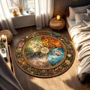 Wheel of Seasons Round Rug – Vintage Floral Mandala Area Carpet, Art Nouveau Seasonal Decor for Living Room, Boho Botanical Floor Art