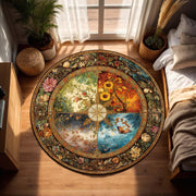 Wheel of Seasons Round Rug – Vintage Floral Mandala Area Carpet, Art Nouveau Seasonal Decor for Living Room, Boho Botanical Floor Art