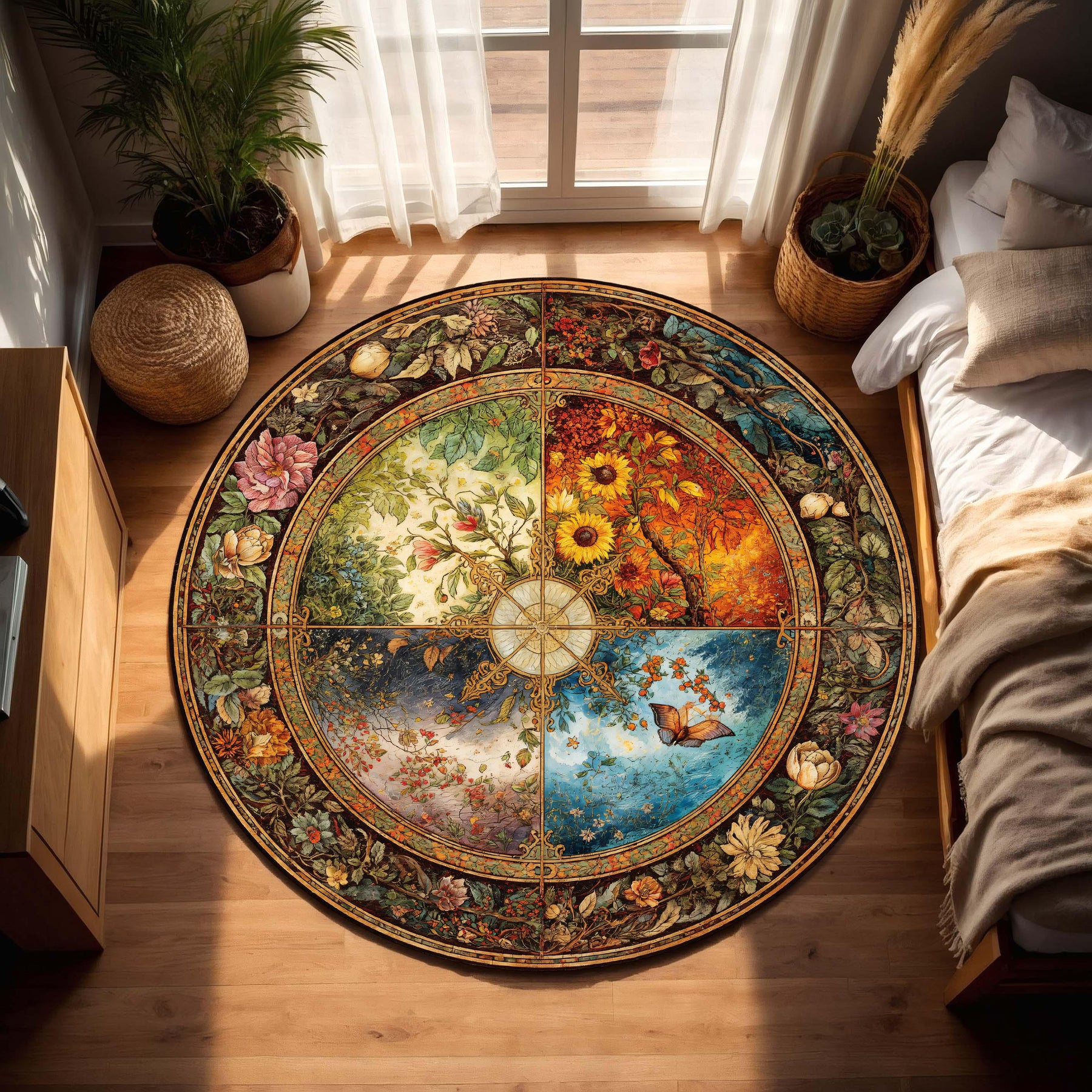 Wheel of Seasons Round Rug – Vintage Floral Mandala Area Carpet, Art Nouveau Seasonal Decor for Living Room, Boho Botanical Floor Art