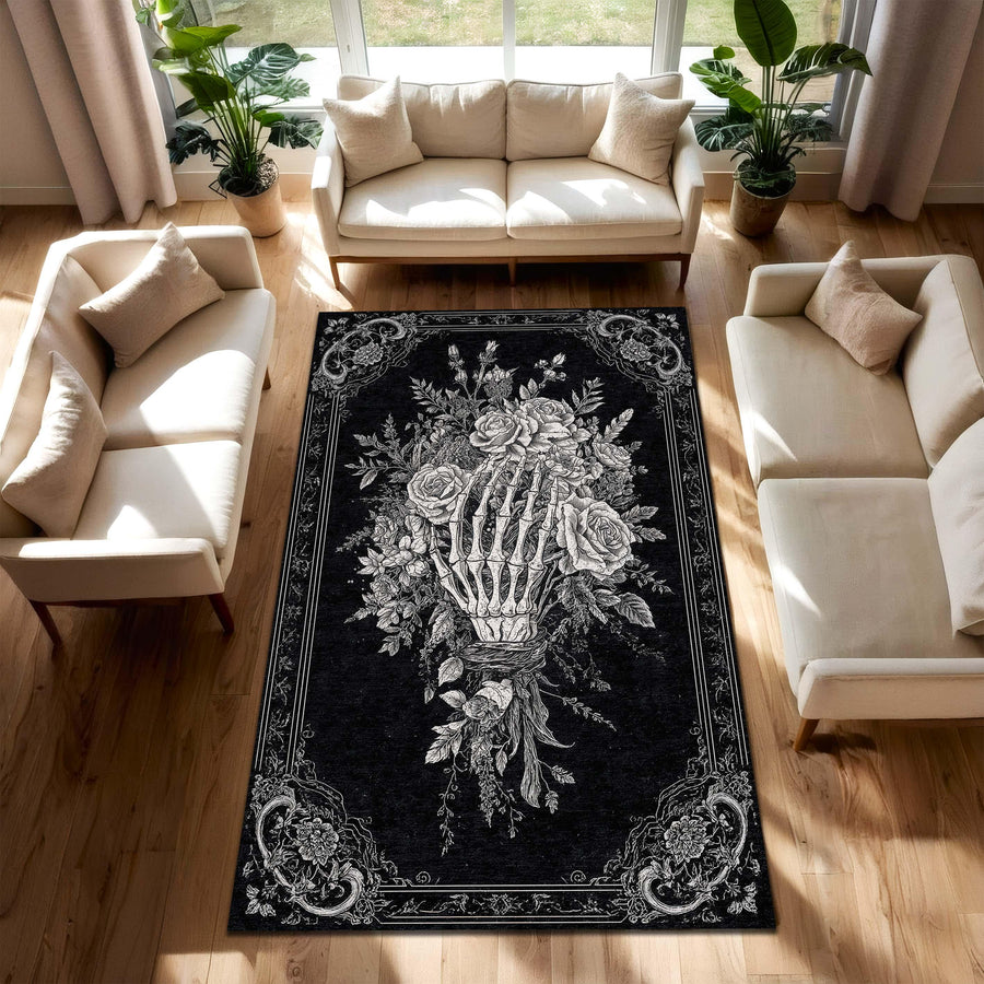 Gothic Skeleton Hand Rose Bouquet Rug, Dark Floral Carpet