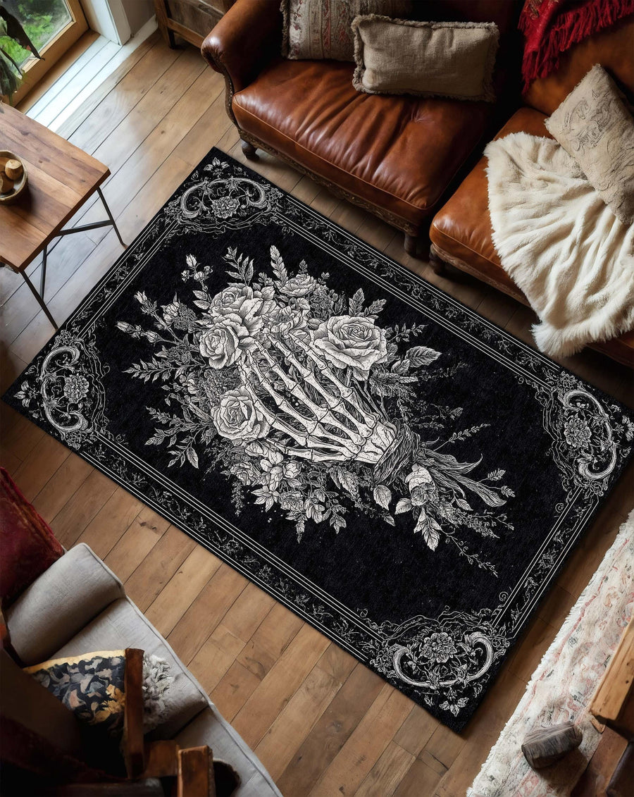 Gothic Skeleton Hand Rose Bouquet Rug, Dark Floral Carpet