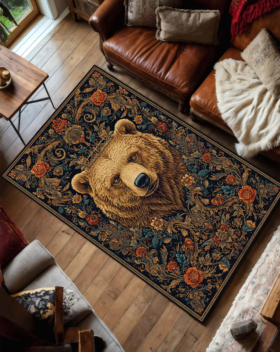 Bear Rug for Living Room – Vintage Floral Grizzly Area Rug, Rustic Lodge Decor, Boho Animal Carpet, Dark Botanical Pattern, Cozy Cabin Gift