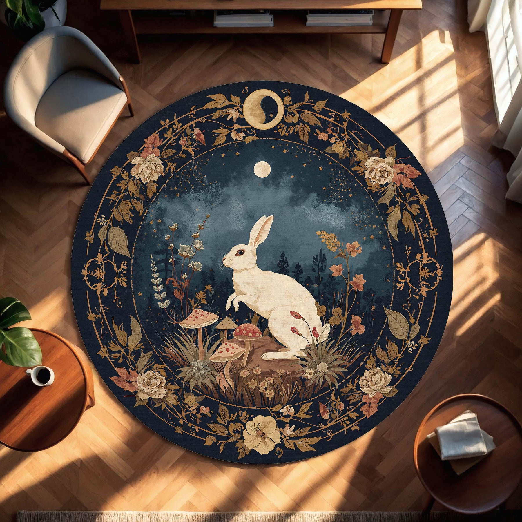 Round Moonlit Rabbit Rug in Navy, Botanical Woodland Carpet with Mushrooms, Cottagecore Boho Nursery Decor, Lunar Bunny Witchy Floor Art
