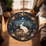 Round Moonlit Rabbit Rug in Navy, Botanical Woodland Carpet with Mushrooms, Cottagecore Boho Nursery Decor, Lunar Bunny Witchy Floor Art