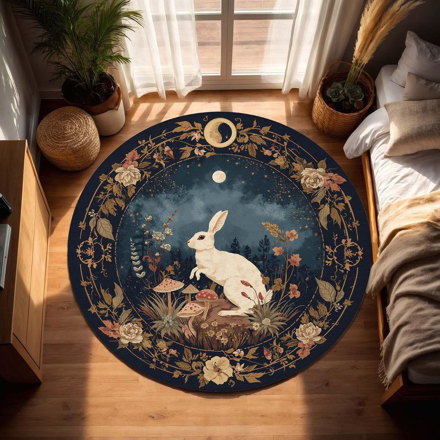 Round Moonlit Rabbit Rug in Navy, Botanical Woodland Carpet with Mushrooms, Cottagecore Boho Nursery Decor, Lunar Bunny Witchy Floor Art