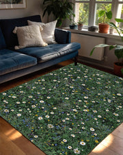 Wildflower Meadow Area Rug with Daisies, Green Botanical Floral Carpet for Living Room, Nature Inspired Floor Art, Cozy Cottage Style