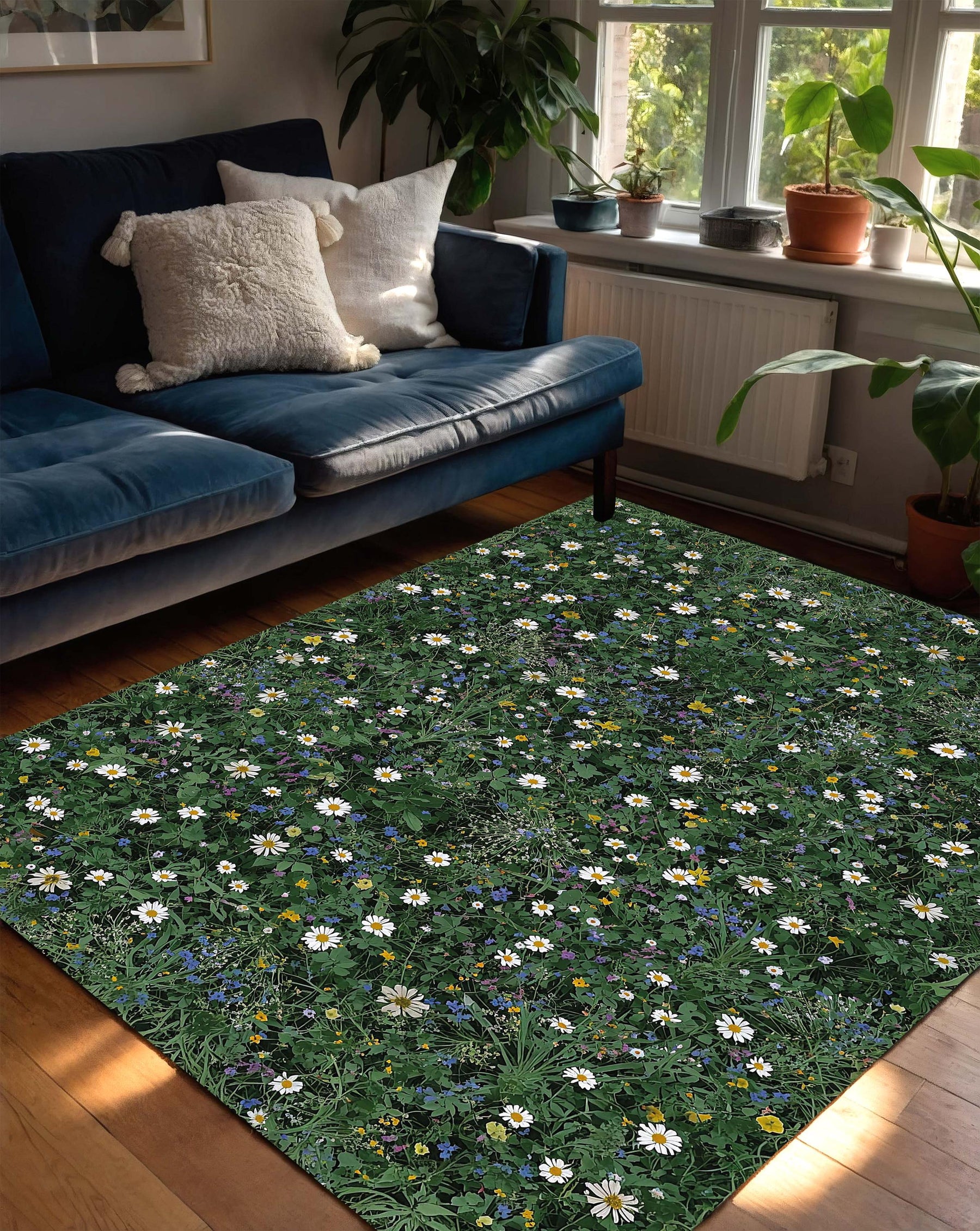Wildflower Meadow Area Rug with Daisies, Green Botanical Floral Carpet for Living Room, Nature Inspired Floor Art, Cozy Cottage Style