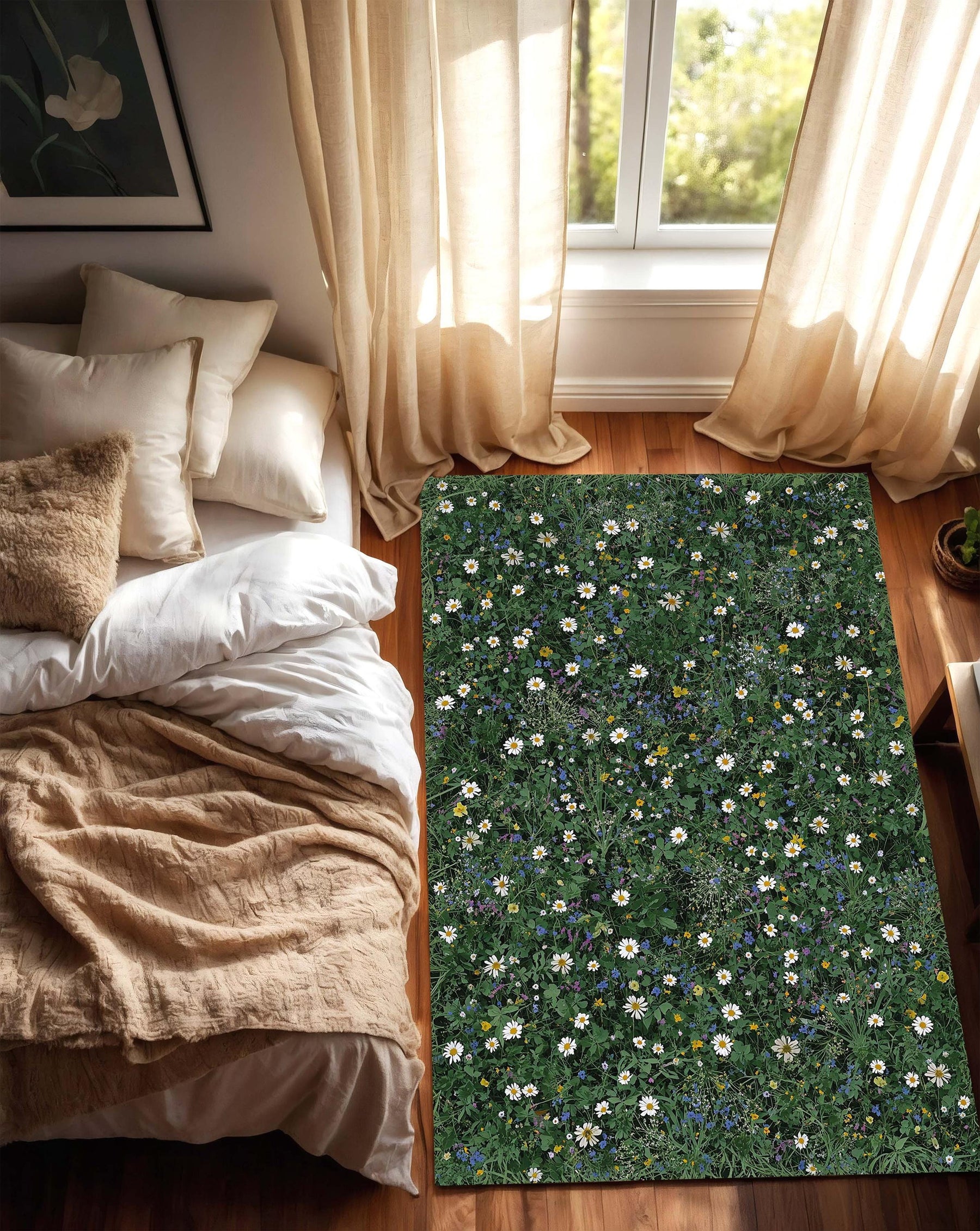 Wildflower Meadow Area Rug with Daisies, Green Botanical Floral Carpet for Living Room, Nature Inspired Floor Art, Cozy Cottage Style