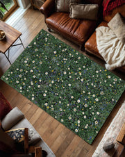 Wildflower Meadow Area Rug with Daisies, Green Botanical Floral Carpet for Living Room, Nature Inspired Floor Art, Cozy Cottage Style
