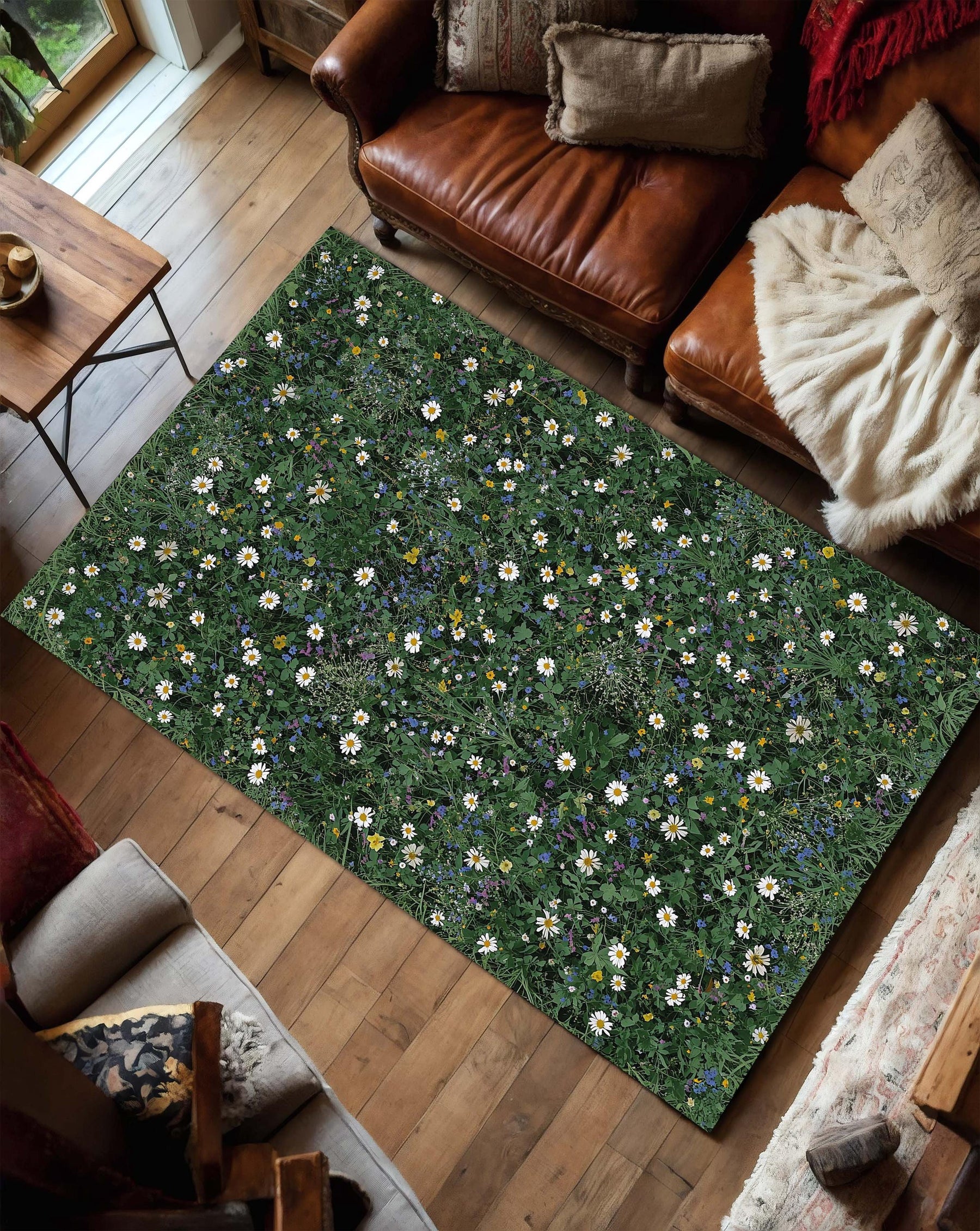 Wildflower Meadow Area Rug with Daisies, Green Botanical Floral Carpet for Living Room, Nature Inspired Floor Art, Cozy Cottage Style
