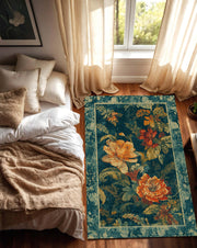 Vintage Floral Area Rug in Teal with Orange Botanical Blooms, Boho Living Room Carpet, Large Accent Rug for Bedroom, Cottagecore Decor