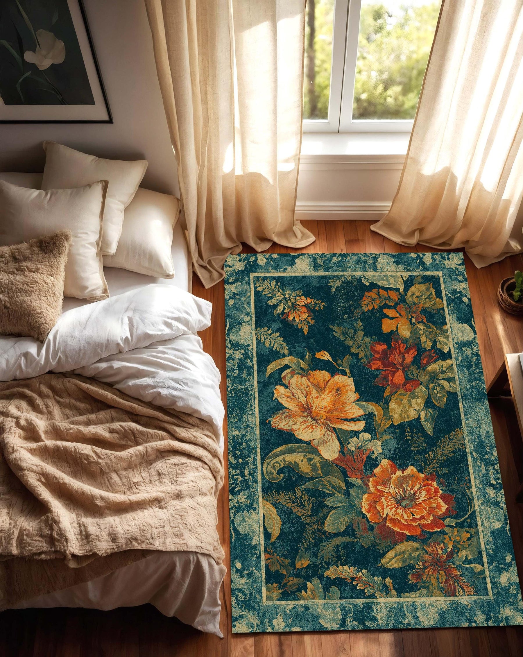 Vintage Floral Area Rug in Teal with Orange Botanical Blooms, Boho Living Room Carpet, Large Accent Rug for Bedroom, Cottagecore Decor