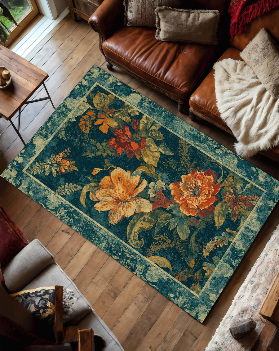 Vintage Floral Area Rug in Teal with Orange Botanical Blooms, Boho Living Room Carpet, Large Accent Rug for Bedroom, Cottagecore Decor