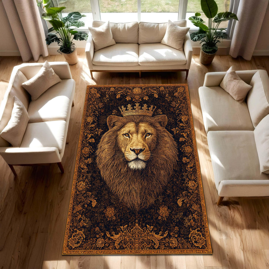 Regal Lion King Rug with Crown – Vintage Baroque Medallion Carpet, Lux Boho Rustic Area Rug for Living Room Bedroom and Office Decor
