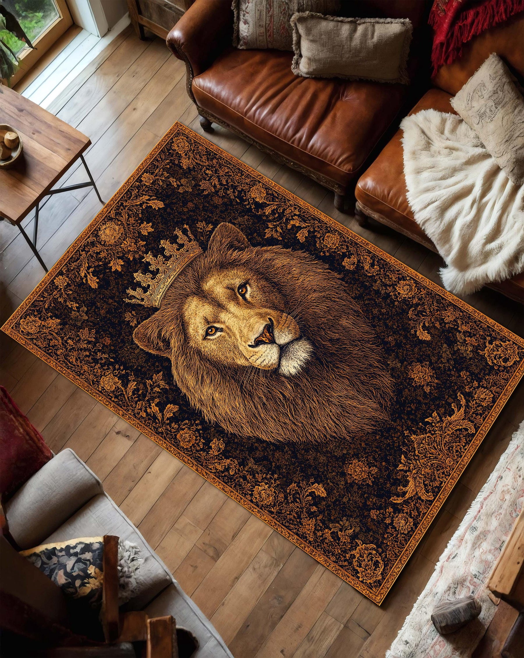 Regal Lion King Rug with Crown – Vintage Baroque Medallion Carpet, Lux Boho Rustic Area Rug for Living Room Bedroom and Office Decor