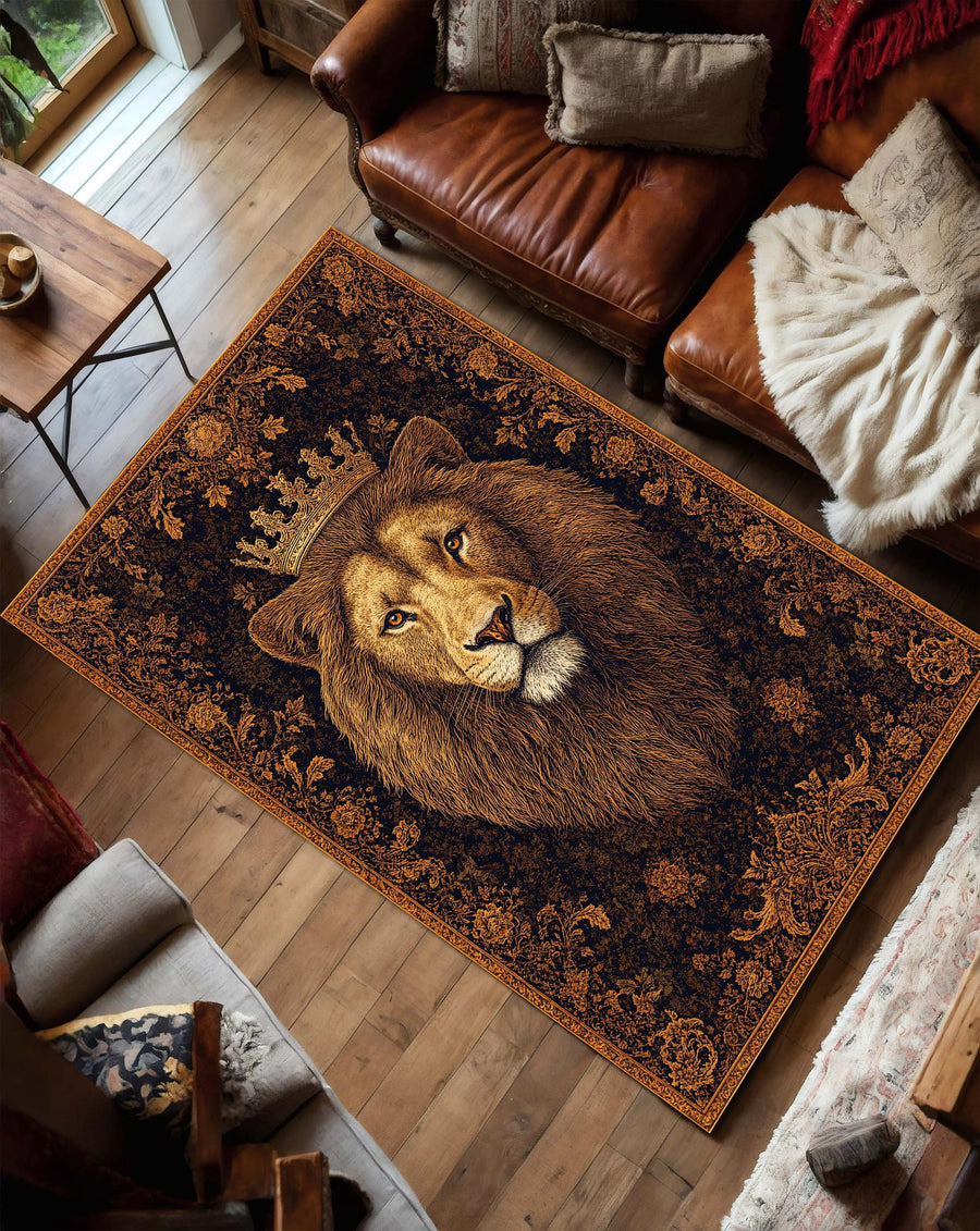 Regal Lion King Rug with Crown – Vintage Baroque Medallion Carpet, Lux Boho Rustic Area Rug for Living Room Bedroom and Office Decor