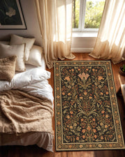 Vintage Floral Area Rug, Traditional Oriental Carpet with Black Botanical Pattern, Warm Earth Tones, Classic Living Room Home Decor