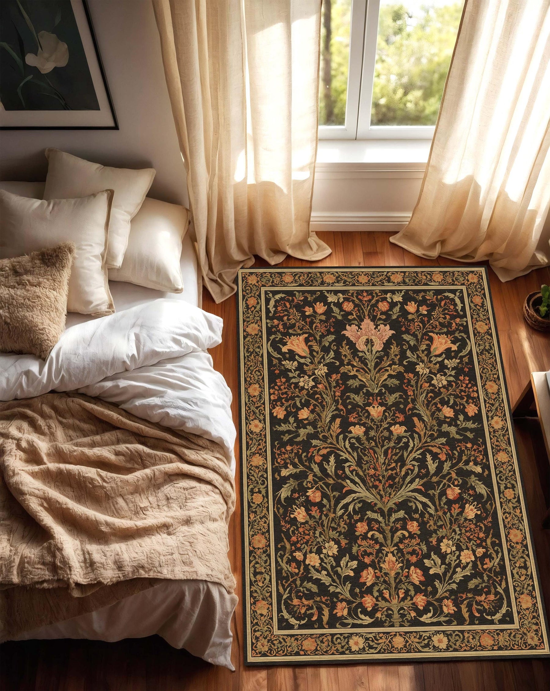 Vintage Floral Area Rug, Traditional Oriental Carpet with Black Botanical Pattern, Warm Earth Tones, Classic Living Room Home Decor