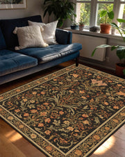 Vintage Floral Area Rug, Traditional Oriental Carpet with Black Botanical Pattern, Warm Earth Tones, Classic Living Room Home Decor