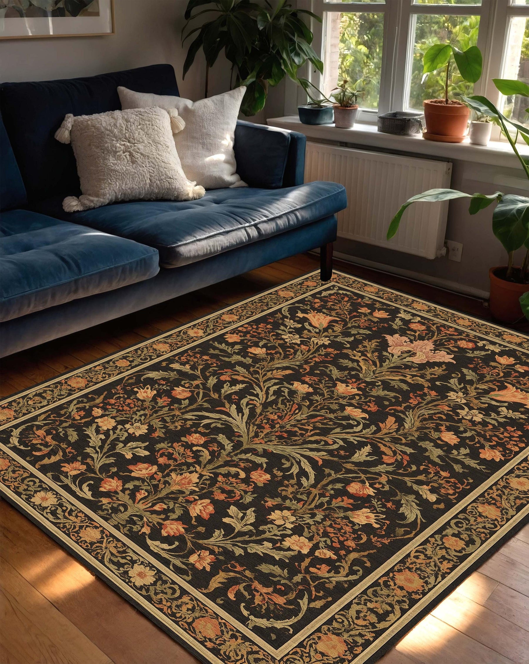 Vintage Floral Area Rug, Traditional Oriental Carpet with Black Botanical Pattern, Warm Earth Tones, Classic Living Room Home Decor