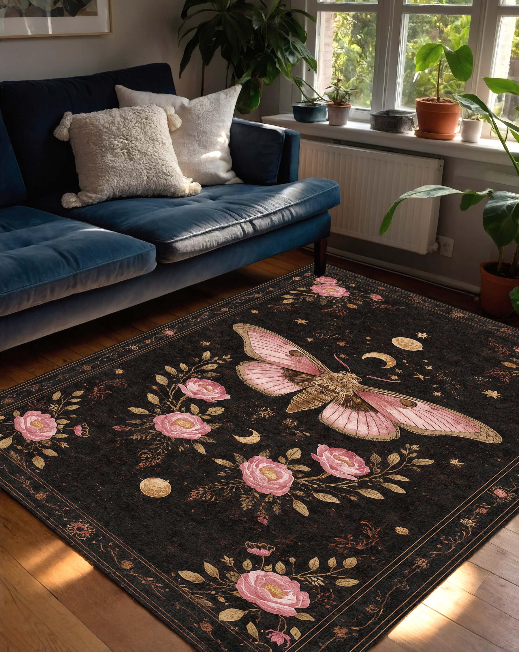 Gothic Moth Moon Floral Rug, Gothic Boho Area Carpet, Dark Botanical Rose Medallion, Pink Insect Celestial Decor for Living Room and Bedroom