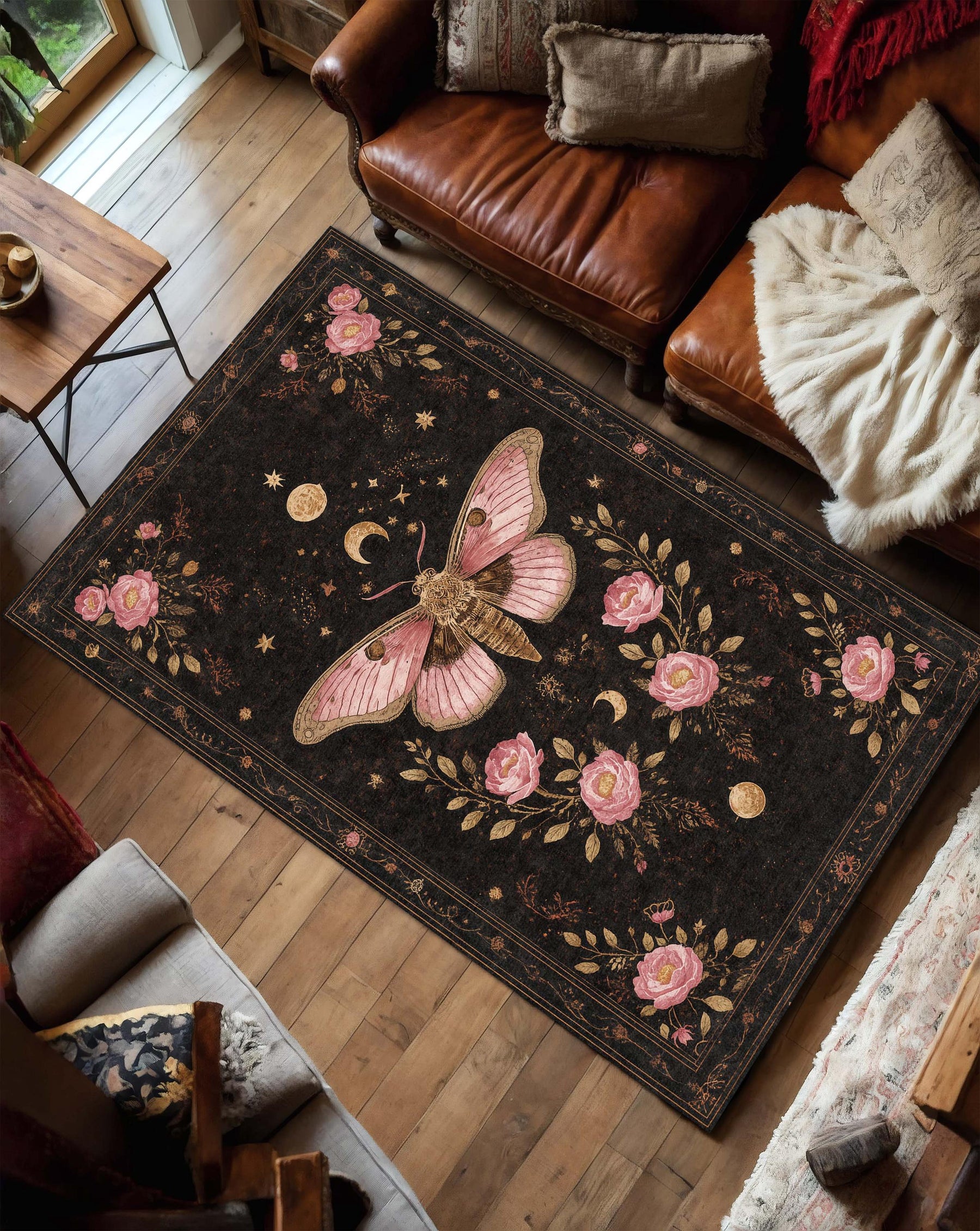 Gothic Moth Moon Floral Rug, Gothic Boho Area Carpet, Dark Botanical Rose Medallion, Pink Insect Celestial Decor for Living Room and Bedroom