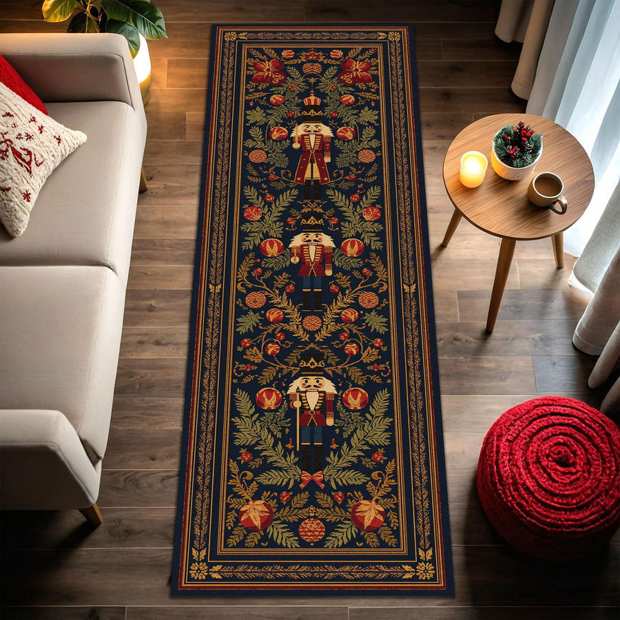 Nutcracker Christmas Runner Rug for Hallway, Vintage Navy Holiday Carpet with Ornaments and Pine, Festive Entryway Floor Decor, Winter Gift