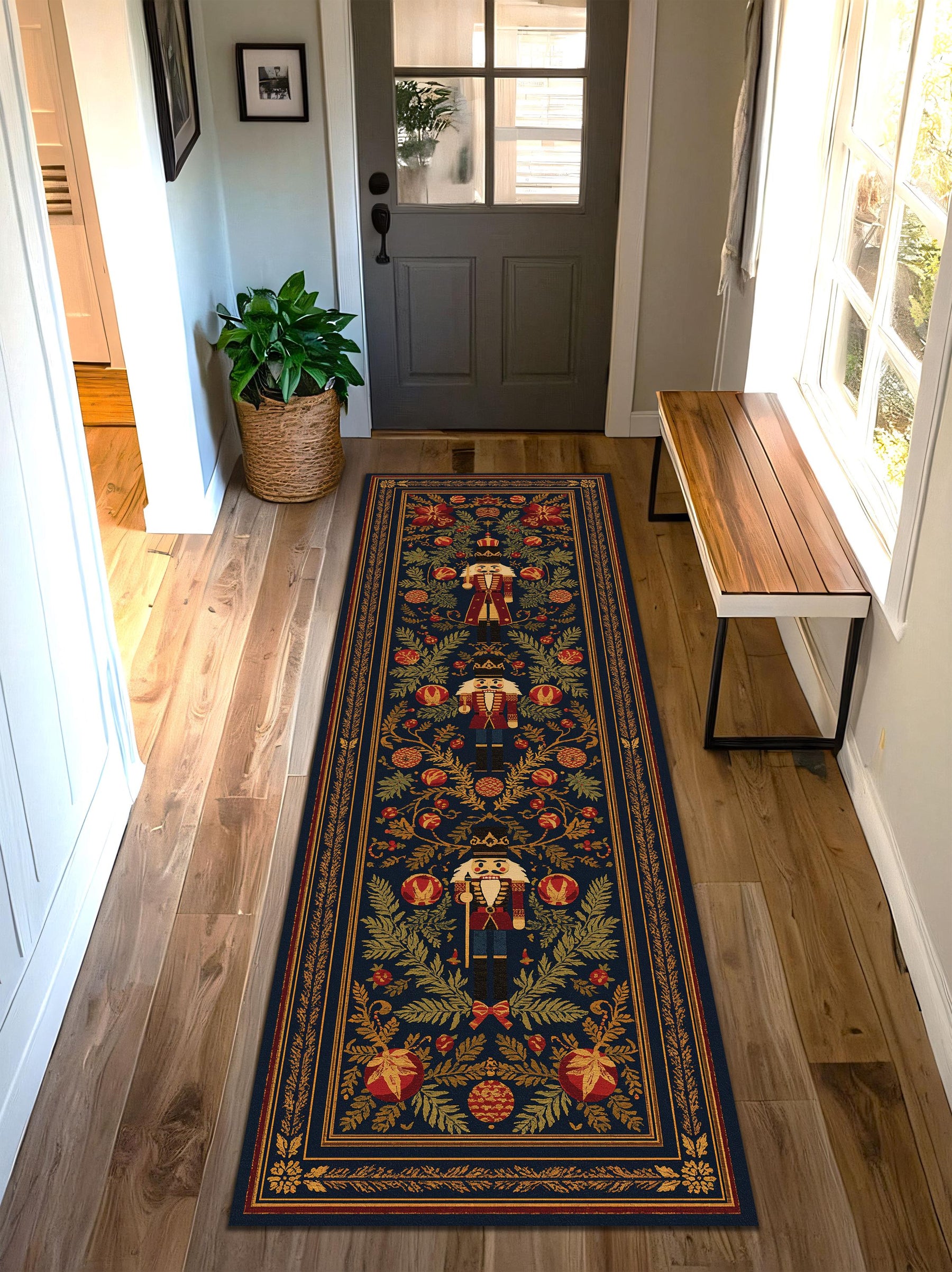 Nutcracker Christmas Runner Rug for Hallway, Vintage Navy Holiday Carpet with Ornaments and Pine, Festive Entryway Floor Decor, Winter Gift