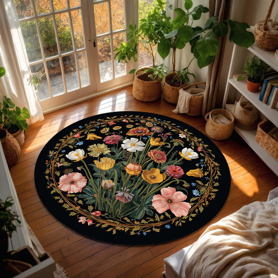Round Black Floral Rug - Vintage Botanical Wildflower Carpet, Cottagecore Boho Area Decor for Living Room or Bedroom, Non-Slip Circle Mat