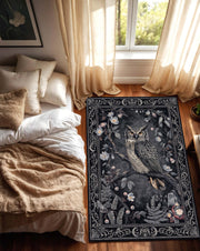 Vintage Owl Area Rug, Dark Botanical Gothic Carpet for Living Room Bedroom, Woodland Animal Floral Decor, Boho Dark Academia Aesthetic