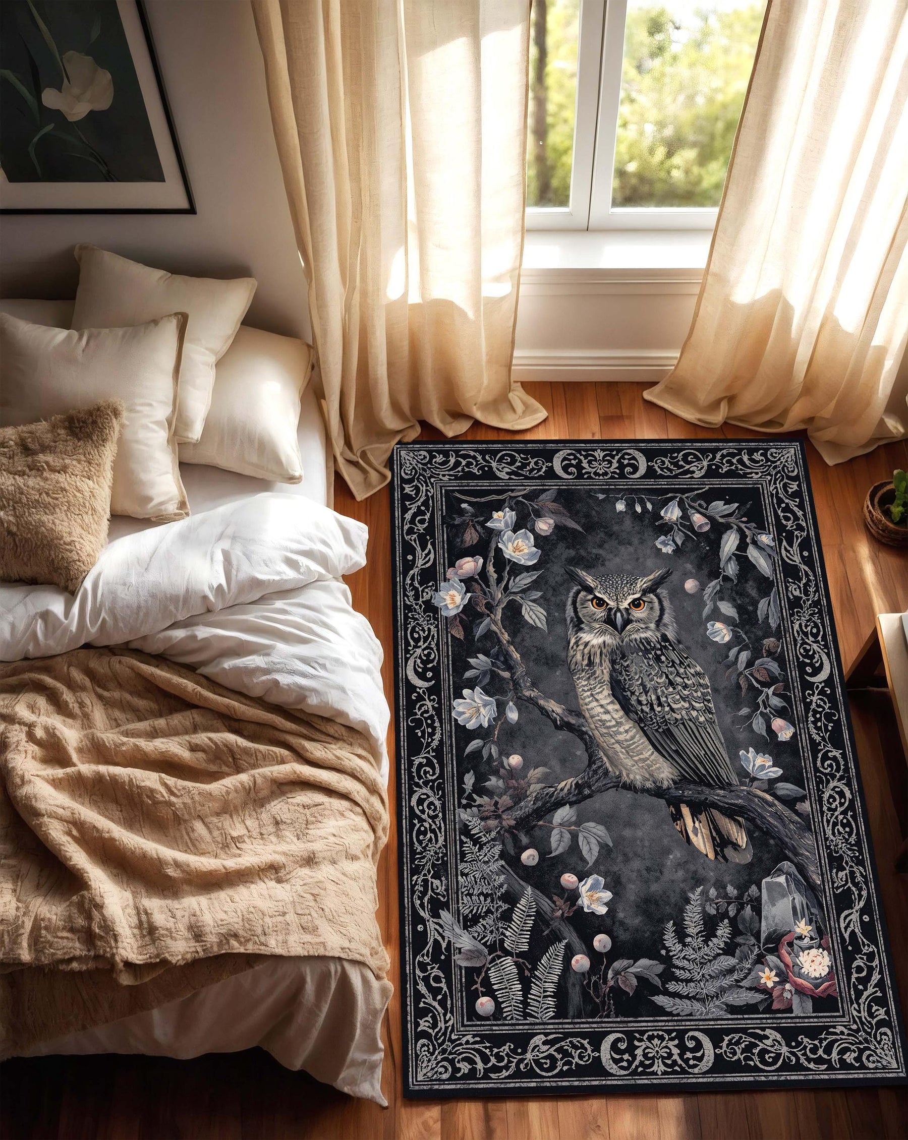 Vintage Owl Area Rug, Dark Botanical Gothic Carpet for Living Room Bedroom, Woodland Animal Floral Decor, Boho Dark Academia Aesthetic