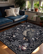 Vintage Owl Area Rug, Dark Botanical Gothic Carpet for Living Room Bedroom, Woodland Animal Floral Decor, Boho Dark Academia Aesthetic