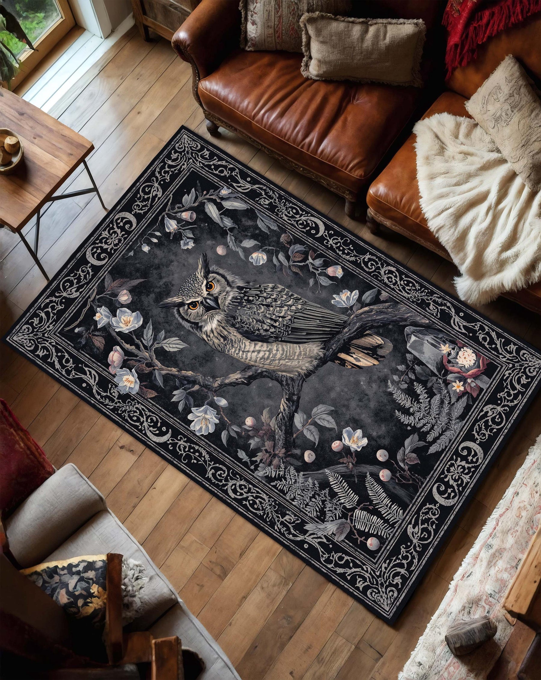 Vintage Owl Area Rug, Dark Botanical Gothic Carpet for Living Room Bedroom, Woodland Animal Floral Decor, Boho Dark Academia Aesthetic