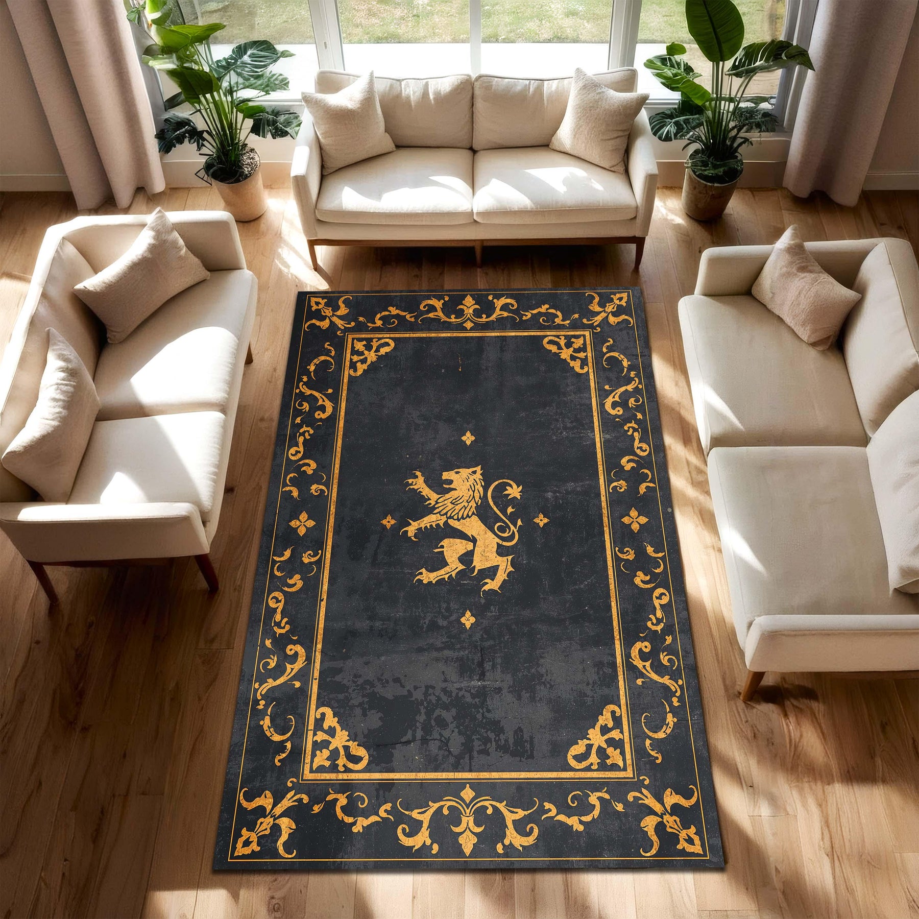 Medieval Lion Crest Area Rug in Black and Gold – Gothic Heraldry Design Carpet, Vintage Baroque Border, Regal Living Room Bedroom Decor