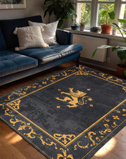 Medieval Lion Crest Area Rug in Black and Gold – Gothic Heraldry Design Carpet, Vintage Baroque Border, Regal Living Room Bedroom Decor