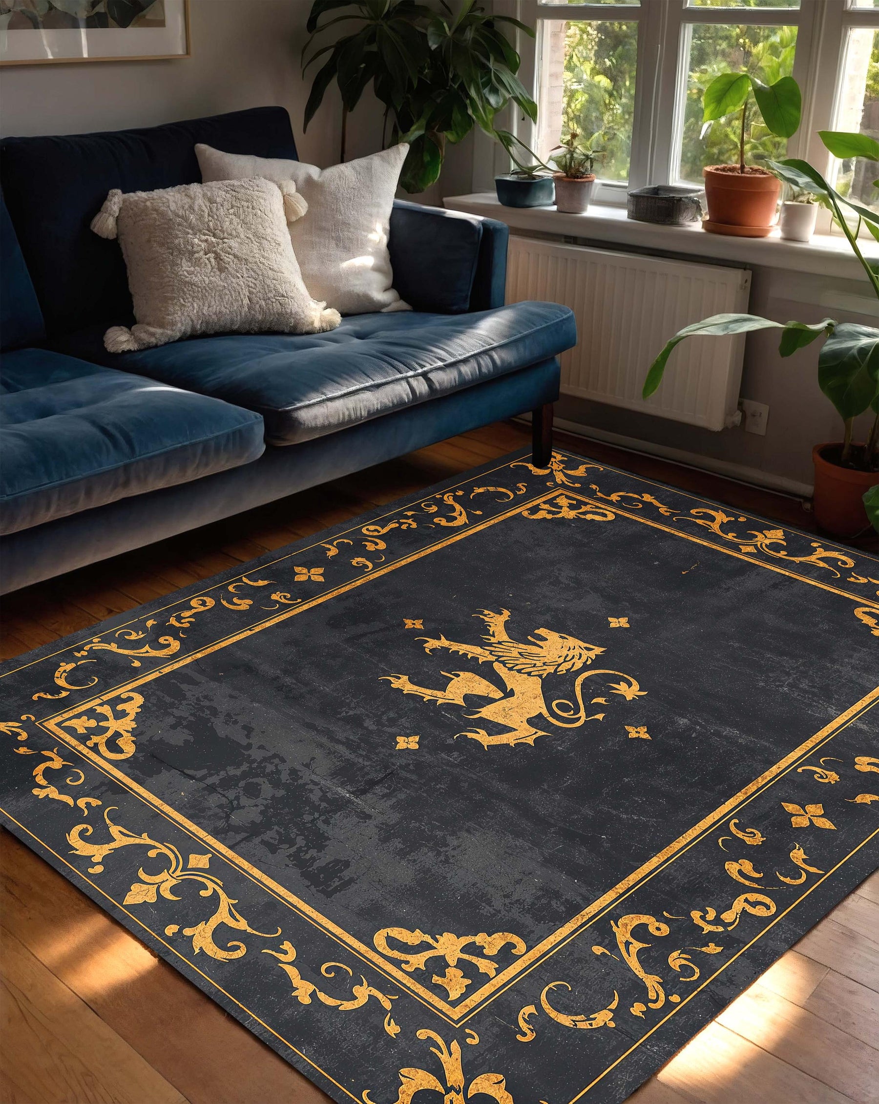 Medieval Lion Crest Area Rug in Black and Gold – Gothic Heraldry Design Carpet, Vintage Baroque Border, Regal Living Room Bedroom Decor