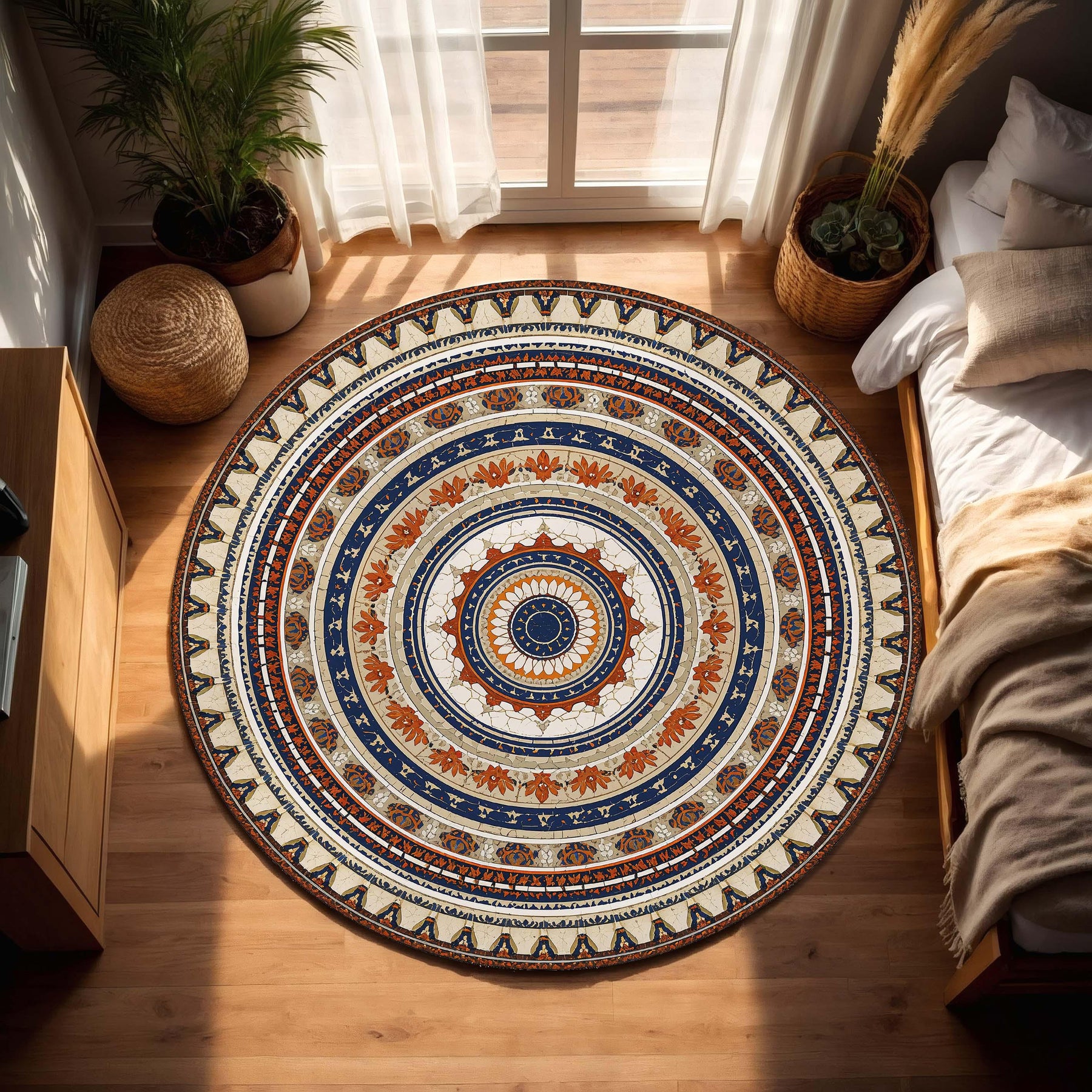 Round Boho Mandala Rug in Blue and Terracotta, Vintage Moroccan Turkish Pattern Circle Carpet, Non Slip Area Rug for Living Room Bedroom