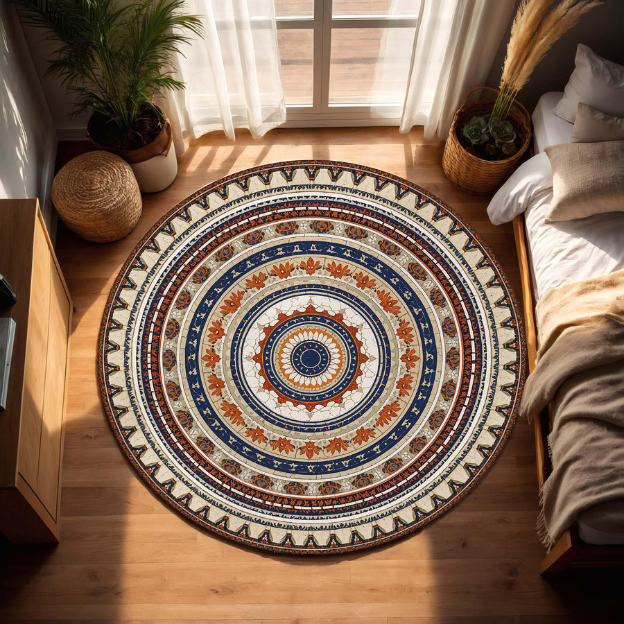 Round Boho Mandala Rug in Blue and Terracotta, Vintage Moroccan Turkish Pattern Circle Carpet, Non Slip Area Rug for Living Room Bedroom