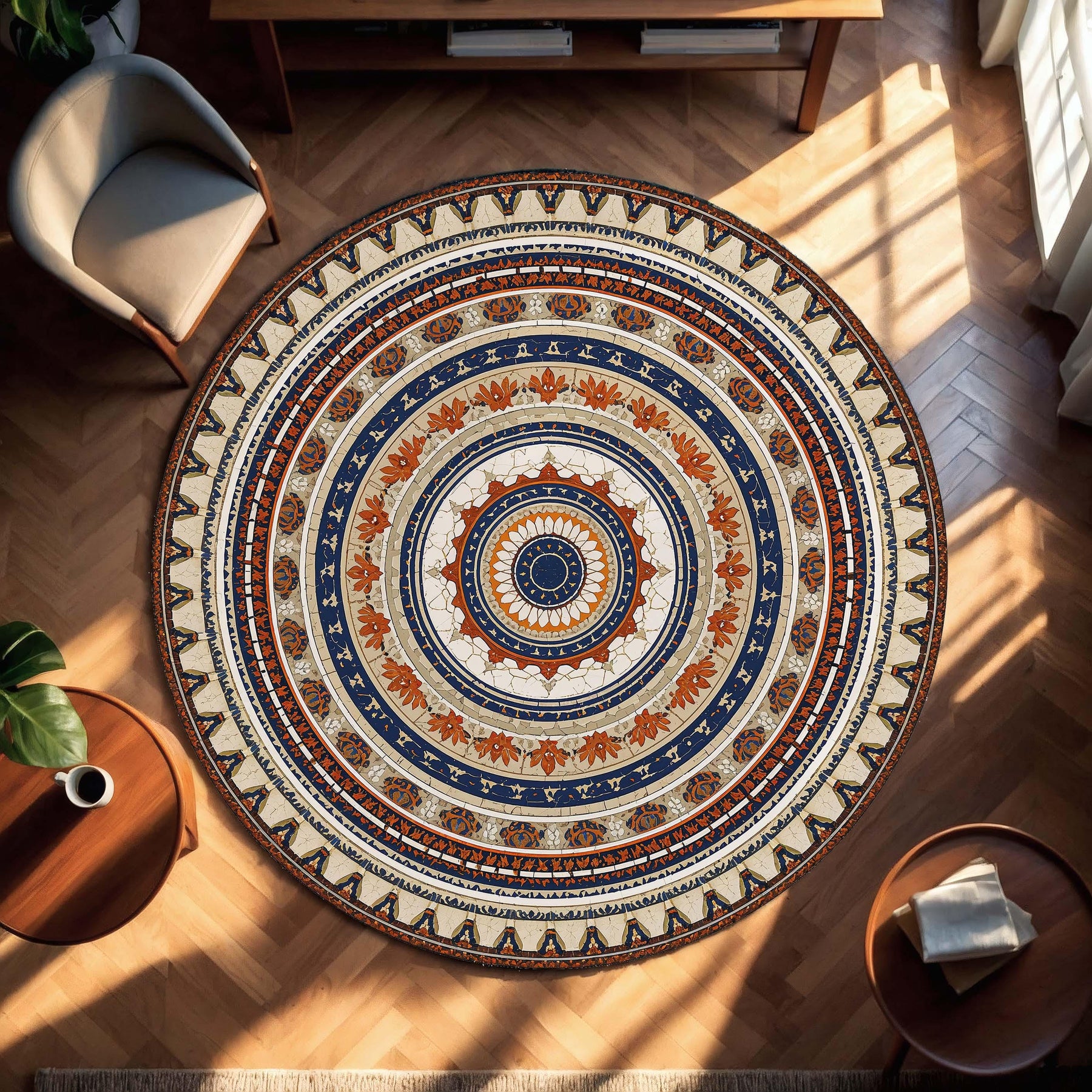 Round Boho Mandala Rug in Blue and Terracotta, Vintage Moroccan Turkish Pattern Circle Carpet, Non Slip Area Rug for Living Room Bedroom