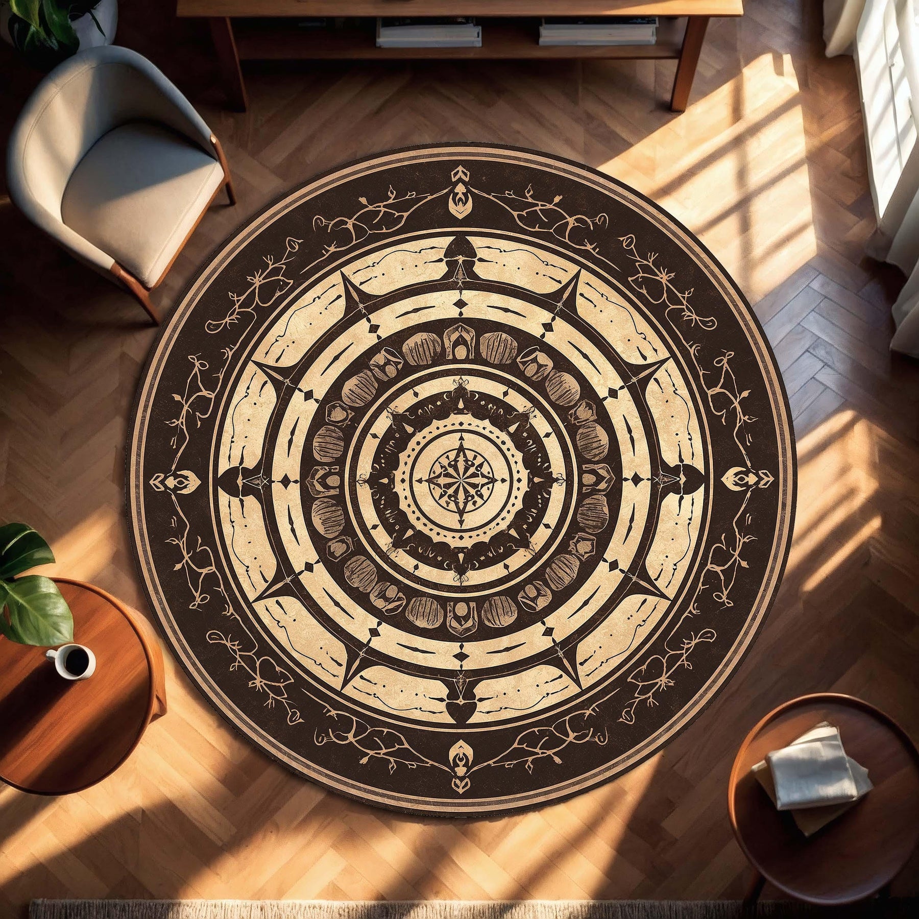 Round Boho Mandala Compass Rug, Black Beige Circle Carpet, Modern Neutral Medallion, Living Room Bedroom Entryway Decor, Non Slip Washable