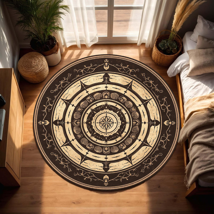 Round Boho Mandala Compass Rug, Black Beige Circle Carpet, Modern Neutral Medallion, Living Room Bedroom Entryway Decor, Non Slip Washable
