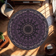 Purple Mandala Round Rug | Dark Plum Gothic Boho Medallion Carpet for Bedroom Living Room Entryway | Vintage Style Soft Easy Care Home Décor