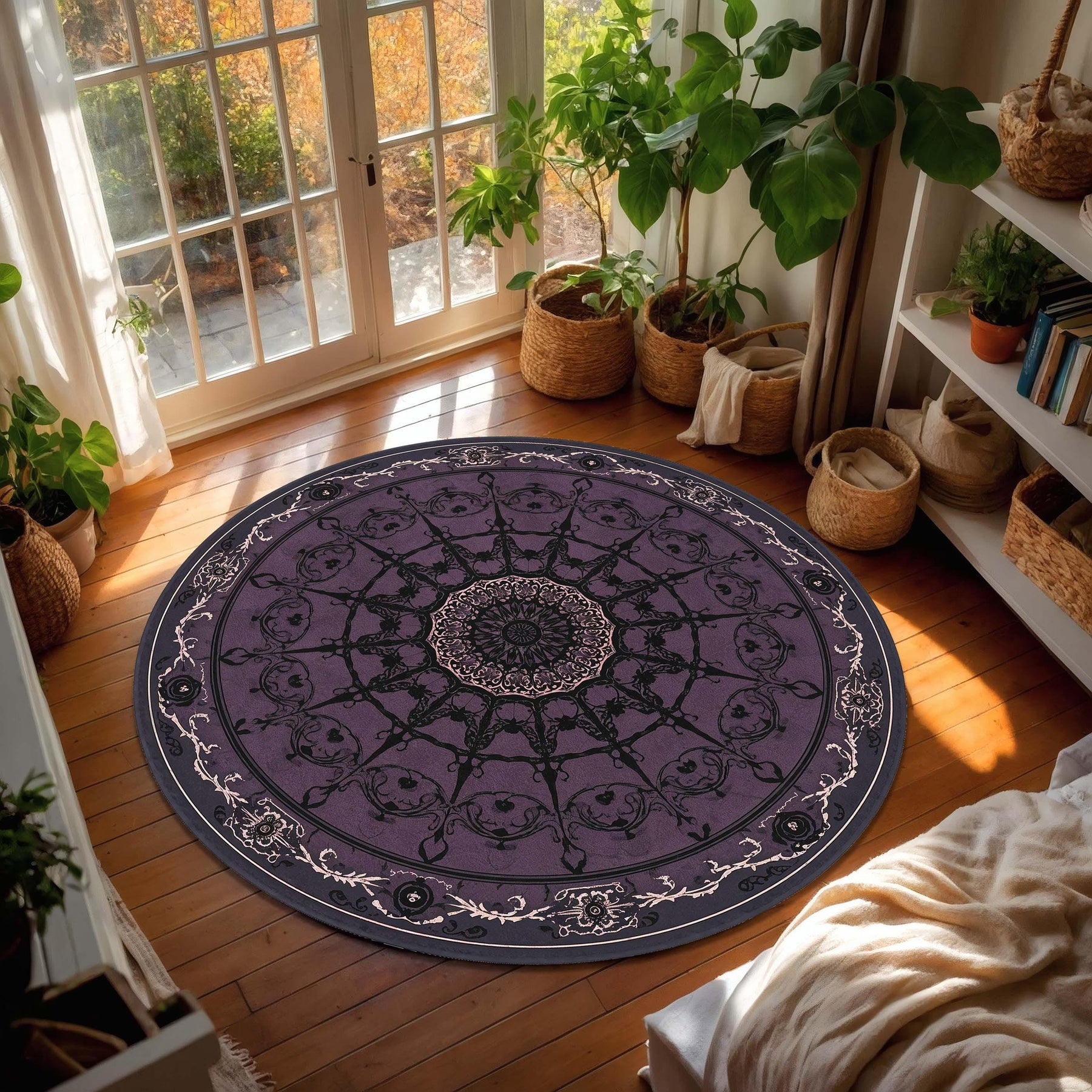Purple Mandala Round Rug | Dark Plum Gothic Boho Medallion Carpet for Bedroom Living Room Entryway | Vintage Style Soft Easy Care Home Décor