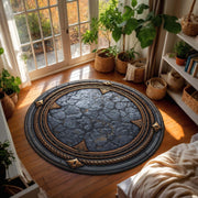 Round Stone Texture Rug with Antique Gold Accents, Medieval Fantasy Circle Carpet for Living Room, Bedroom, Gamer Decor, Rustic Chic