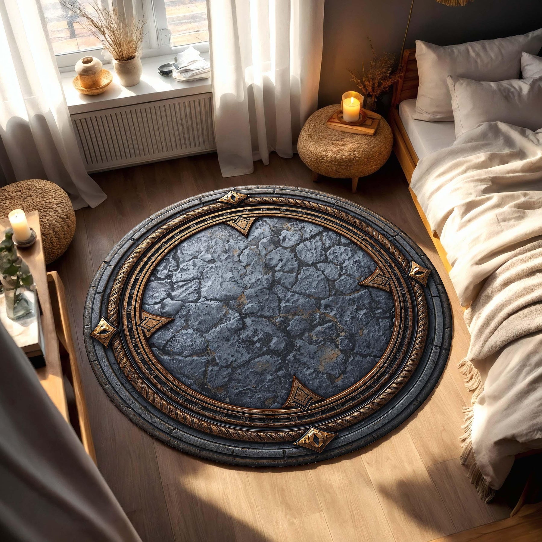 Round Stone Texture Rug with Antique Gold Accents, Medieval Fantasy Circle Carpet for Living Room, Bedroom, Gamer Decor, Rustic Chic