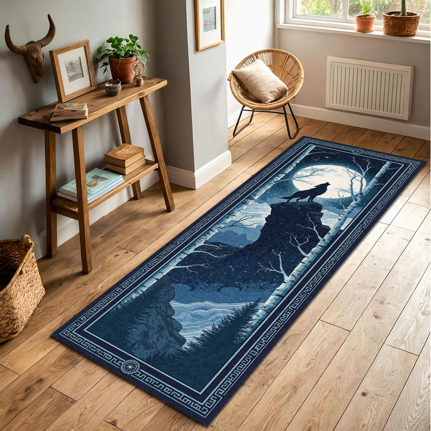 Moonlit Wolf Runner Rug for Hallway, Nordic Night Forest Carpet, Howling Wolf on Cliff Mat, Dark Blue Celestial Cabin Lodge Decor